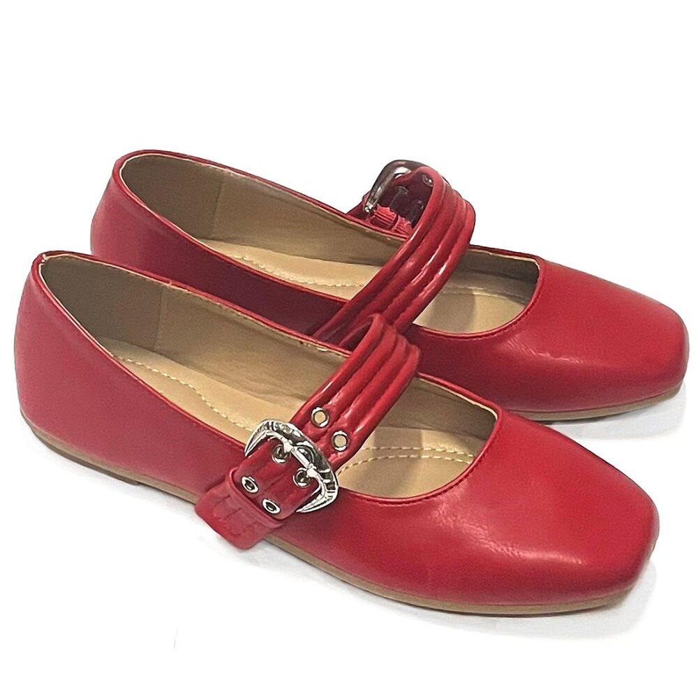 Red Leather Women's Shoes with Buckle